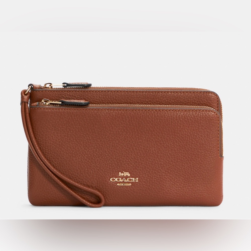 Coach Double Zip Wallet in
Redwood C5610 Leather Wristlet Pouch Gold Accents